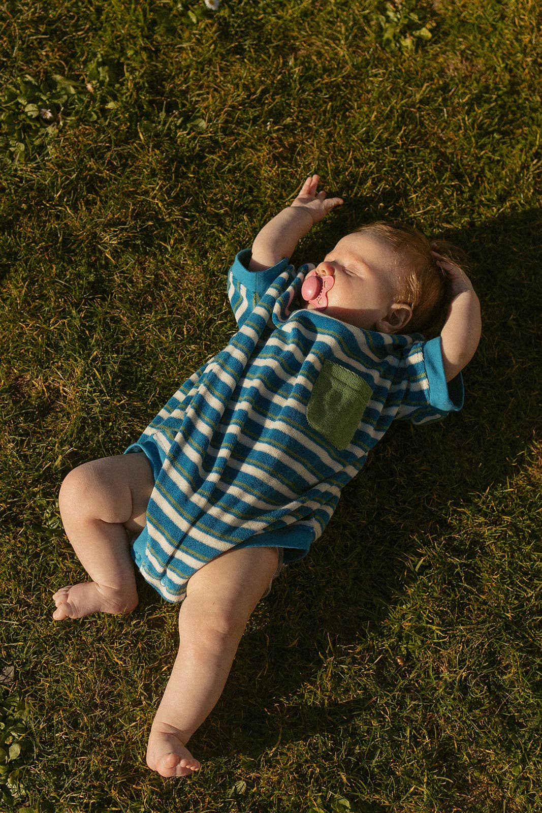 Callie Romper in Thin Blue Green Stripe