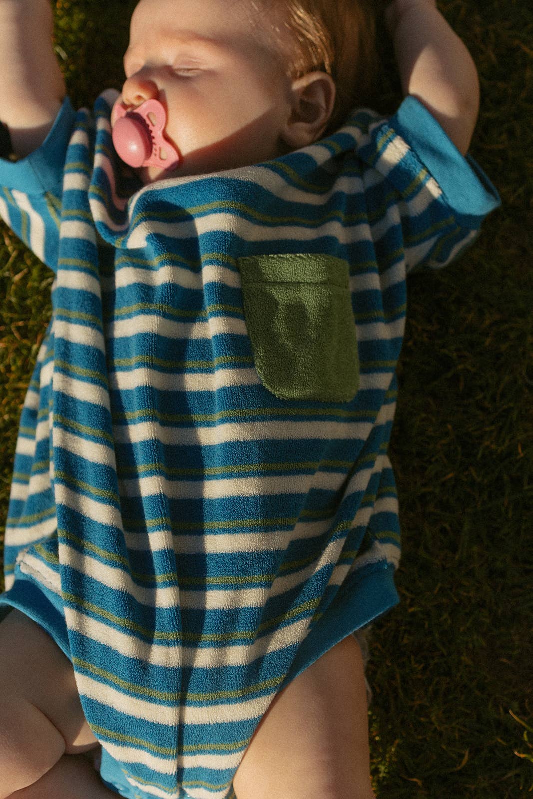 Callie Romper in Thin Blue Green Stripe