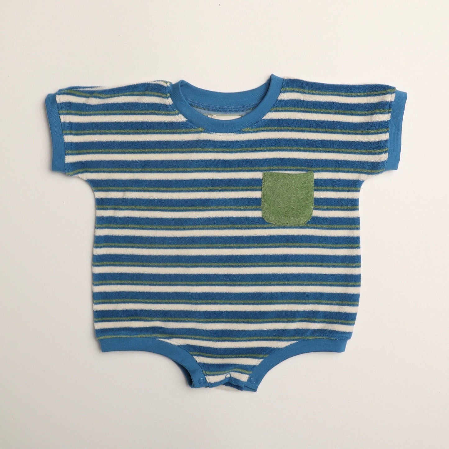 Callie Romper in Thin Blue Green Stripe