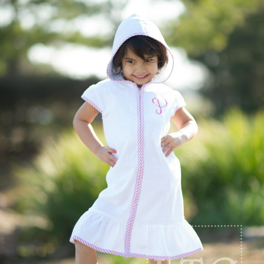 Girls Terry Cover Up -  Pink Seersucker Trim