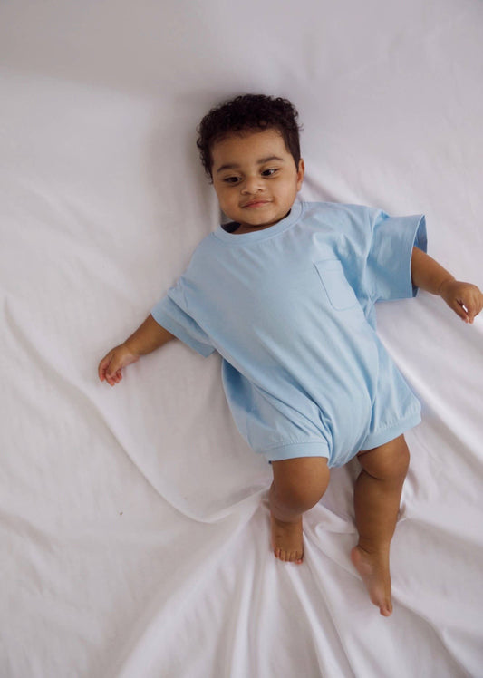 Cory Pocket Romper in Dream Blue